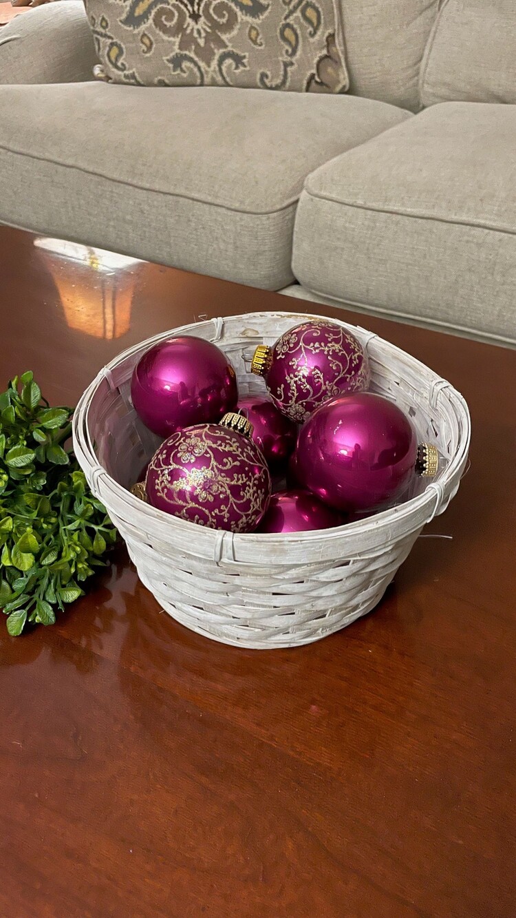 Set of 8 Dark Pink Christmas Ball Ornaments with Gold Glitter Pattern